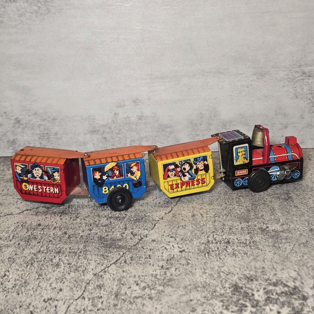 Western 8400 Express Tin ENGINE & Tin Train Cars Windup Toy Japan VINTAGE